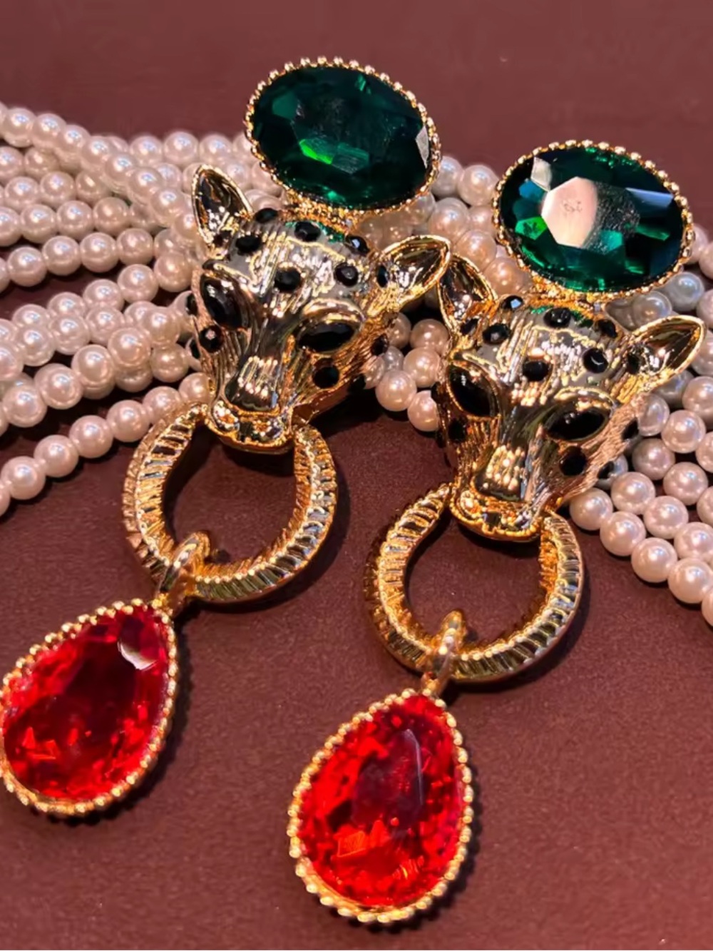 Panthere Ruby Red Emerald Gold Earrings